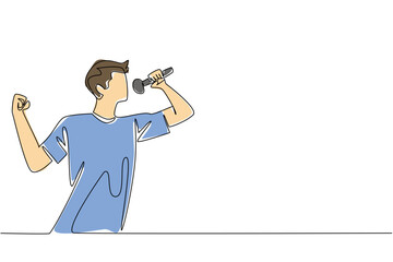 Single continuous line drawing a young man in casual clothes is singing. Practice seriously to join the talent search event. Hobby singing. National Sing Out Day. One line design vector illustration