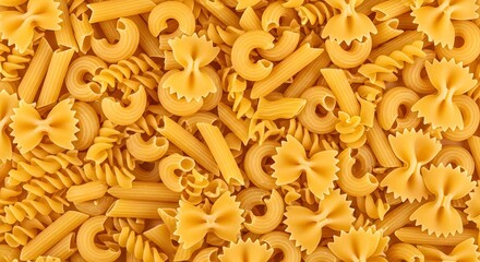 Assortment of dry uncooked Italian pasta shapes creating a vibrant food background texture, top view.