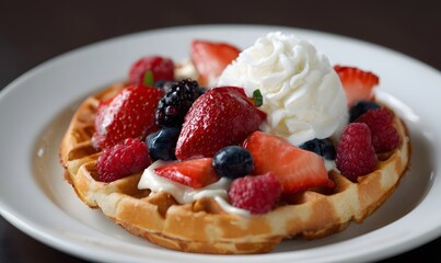 circle mini waffles, topped with strawberries, raspberries, blueberries, cheesecake sauce, whipped cream