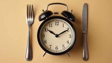 Clock placed on table with fork and knife beside it during meal preparation in a kitchen setting