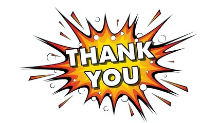 Comic book style thank you explosion burst with orange and yellow colors on white background for greeting cards and appreciation messages.