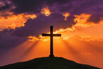 cross. Silhouette of a wooden cross against a dramatic sunrise. easter sunday, good friday, designed for religious worship banners and faith backgrounds.