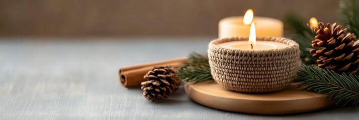 Cozy winter candle with pine cones and cinnamon sticks on wooden plate creating warm holiday atmosphere for seasonal home decor and relaxation.