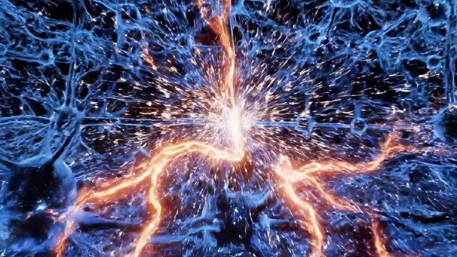 A vibrant, computer-generated image of interconnected neurons with glowing orange synapses against a dark background