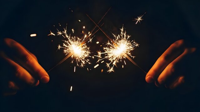 Hands holding sparklers on a dark night - Powered by Adobe