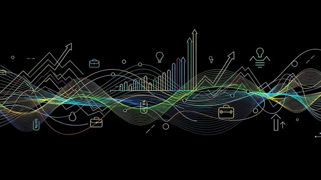 Digital data visualization with flowing waves, charts, graphs and business icons on dark background for analytics, finance and technology presentations.