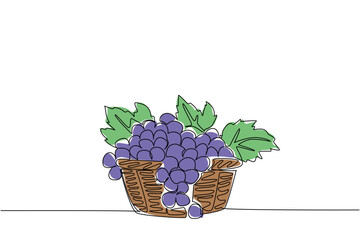 Obraz premium Continuous one line drawing purple grapes with leaves in woven basket. It is the season for an abundant fruit harvest. Delicious grape. National Grape Day. Single line draw design vector illustration