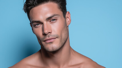 Fototapeta premium Handsome man with smooth matte skin and gentle shadows, confident expression, short dark hair, bare shoulders, blue background, studio portrait, youthful and healthy look