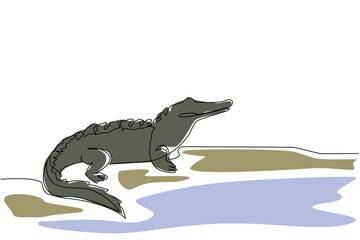 Fototapeta premium Single one line drawing alligator on the surface of the swamp. Like a famous logo. Very iconic. Expensive brand. The predator. National Alligator Day. Continuous line design graphic illustration