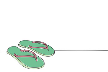 Continuous one line drawing a pair of flip flop. A complement to a relaxing walk on the beach. A more exciting summer vacation. National Flip Flop Day. Single line draw design vector illustration © Simple Line