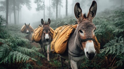 Donkeys carry loads through a foggy forest while navigating dense ferns and trees in the early morning hours