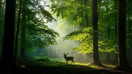 Majestic deer standing in serene forest with sunlight filtering through trees