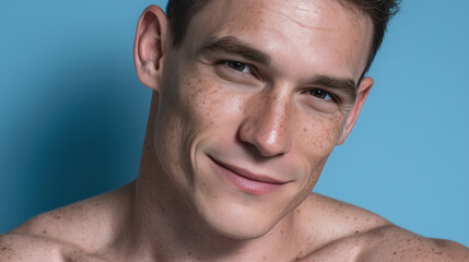 Obraz premium Sun kissed male skin with warm micro details, soft pastel blue background, closeup portrait, natural freckles, healthy complexion, relaxed smile, youthful energy