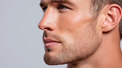 Fototapeta premium Male face closeup smooth velvety skin texture defined cheekbone subtle stubble healthy complexion diffused lighting side profile natural look youthful appearance calm expression