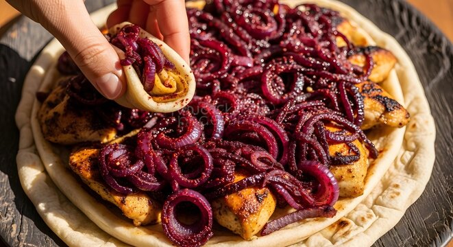 Authentic Musakhan Palestinian roasted chicken, sumac onions, and flatbread being eaten by hand.