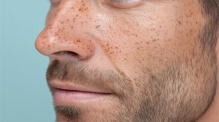 Obraz premium Freckled male nose bridge close up macro of light skin with stubble pastel mint background natural texture soft lighting calm expression detailed pores facial hair