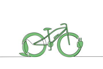 Single continuous line drawing e bike with a leaf on the rear tire and a cable plug on the front tire. Makes activities easier. Technology. National E Bike Day. One line design vector illustration
