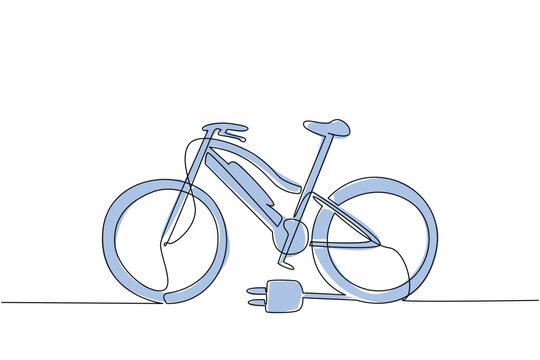 Continuous one line drawing e bike with a cable plug on its rear tire. Electric bikes that can be charged at charging stations. Tech. National E Bike Day. Single line draw design vector illustration