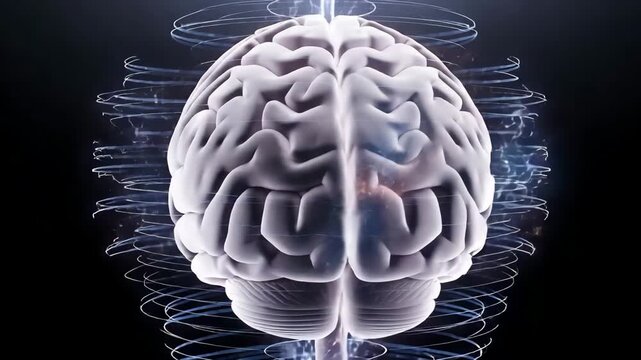 Human brain with glowing blue lines and swirling patterns around it on dark background
