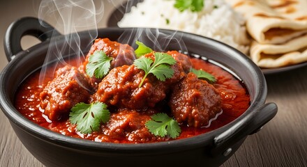 Fototapeta premium Authentic Rogan Josh, a traditional Kashmiri lamb curry, served steaming hot in a black bowl with rice and naan bread