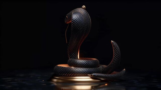 Mystical Black Cobra Idol with Central Flame on Gold Base