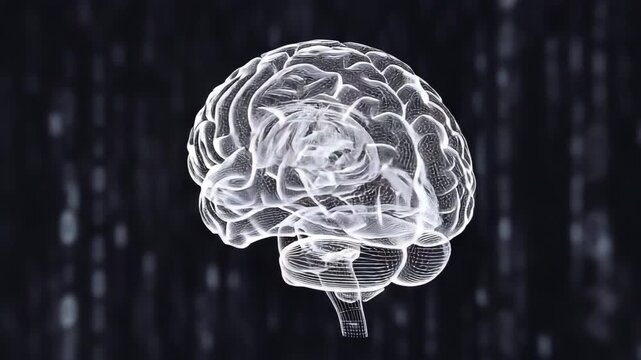 A glowing white brain with a light bulb base on a dark background with binary code numbers
