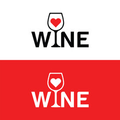Wine logo with heart shaped wineglass on white and red background