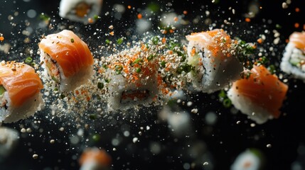 Flying Sushi Rolls, Sesame Seeds, Dark Background, Food Photography, Restaurant Menu