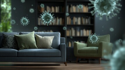 Living room with furniture and floating virus particles during a health crisis indoors