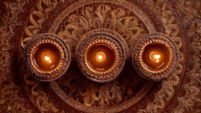 Three glowing traditional Indian Diyas for festival celebration