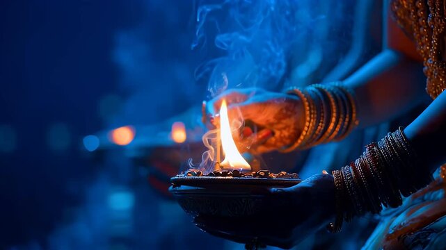 Hands Holding Diya Lamp During Traditional Hindu Aarti Ceremony