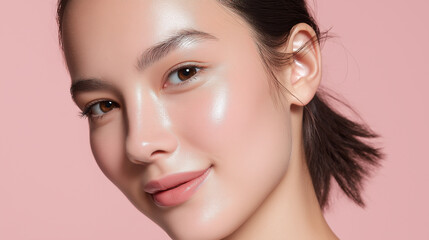 Fototapeta premium Radiant young woman with glowing glass skin high cheekbones soft shadows pastel rose background natural makeup healthy complexion smooth texture subtle smile fresh beauty