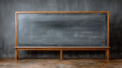 An empty chalkboard stands on a wooden frame against a textured, dark gray wall, ready for information or artistic expression