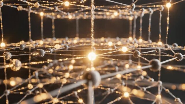 A 3D rendering of a molecular structure with glowing nodes and metallic bonds