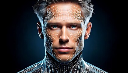 A close-up portrait of a man with silver hair and blue eyes, features enhanced by a digital interface. The background is a dark blue gradient