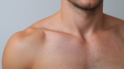 Naklejka premium Male upper chest and neck with subtle natural skin marks, light body hair, and smooth white background, expressing calm and healthy appearance