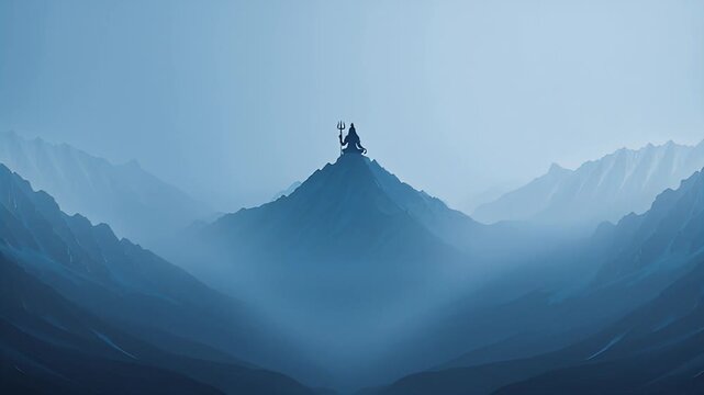 Lord Shiva Silhouette Meditating on Misty Blue Mountain Peak