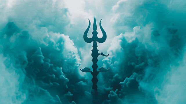 Shiva Trishula Trident against Mystical Blue Clouds Religious Symbol