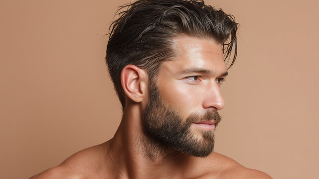 Man with wet hair slicked back soft warm spa light close up masculine face healthy skin brown hair beard bare shoulders looking away relaxed expression