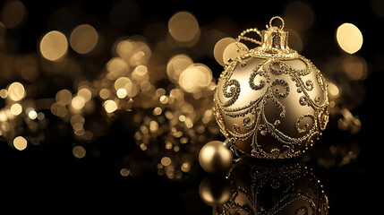 Festive Gold Christmas Decoration on Reflective Surface