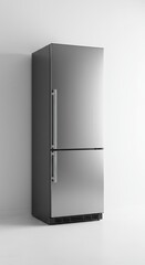 A large, modern, stainless steel refrigerator standing alone on a seamless bright white studio background, emphasizing food cooling and storage ,metallic, food storage, energy