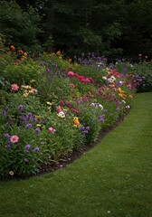 A lush, dense floral planting forming a defined border, showcasing a variety of vibrant spring and summer blooms along a garden edge. Natural beauty ,landscape ,red ,leaf