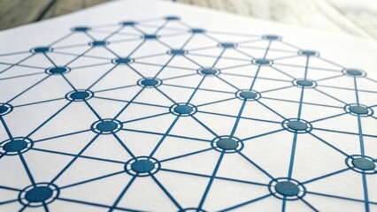 A detailed geometric pattern featuring interconnected circles and lines in shades of blue on a white background.