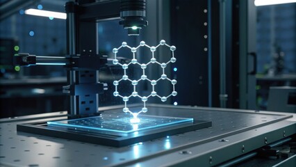 A high-tech lab setup showcasing a holographic representation of a molecular structure projected by advanced imaging equipment.