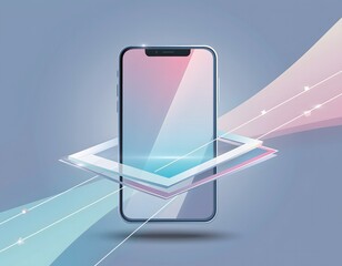 Illustration of a smartphone with a holographic screen floating in front, set against a blue background with pink and blue gradient lines and white sparkles.