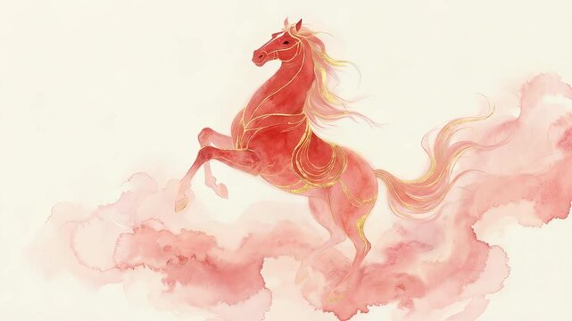 Red horse sequence for Chinese New Year, jumping and rearing in traditional Lunar New Year zodiac art.