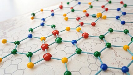 A colorful molecular model displayed on a surface, representing a complex structure in chemistry or material science.