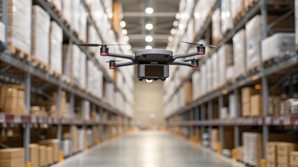 A drone hovers in a warehouse filled with stacked boxes, showcasing modern technology in logistics and inventory management.