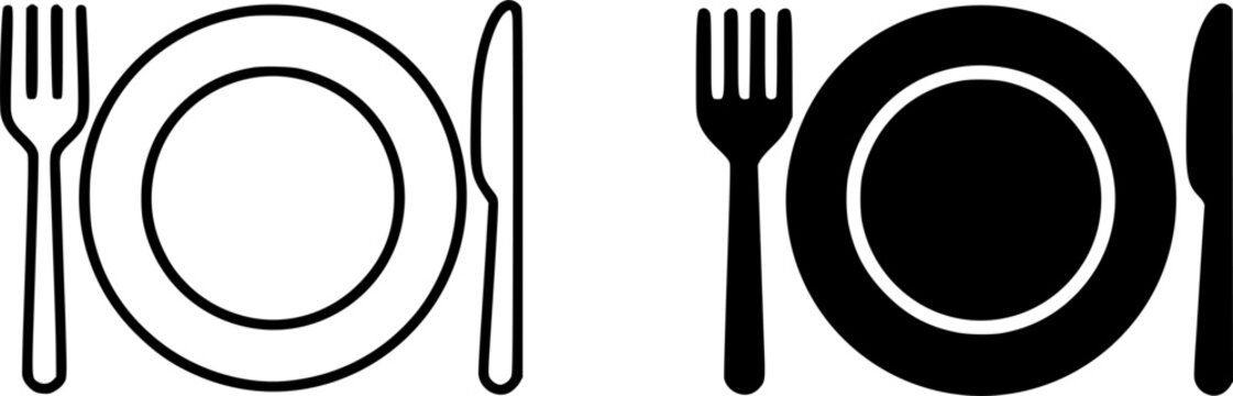 Icon for restaurant / cafe, plate and spoon fork illustration, outline and silhouette version