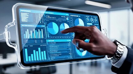A hand interacts with a futuristic digital interface on a transparent tablet displaying blue graphs - Powered by Adobe